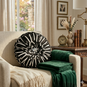 Alternative view of Velvet White & Black Round Cushion